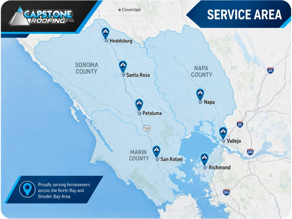 Capstone Roofing service area map for Sonoma, Napa, and Marin Counties