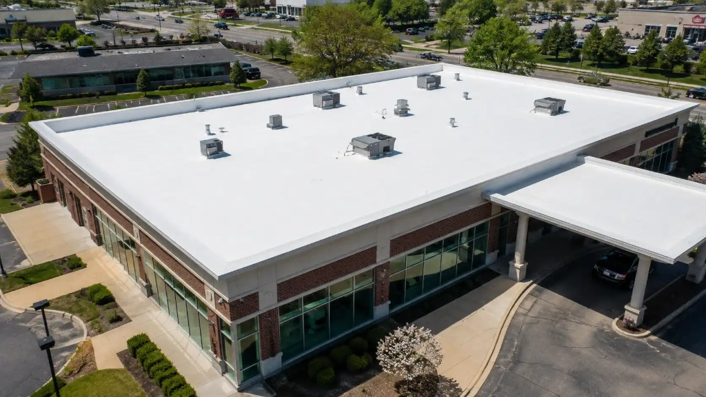 Finished white commercial roof on a North Bay building