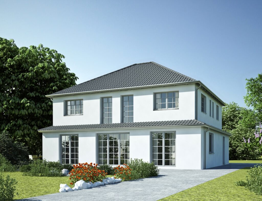 hip roof white white siding