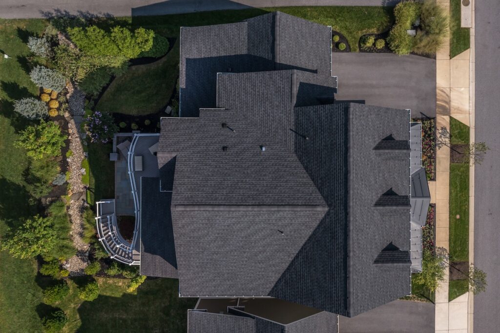 black roof shingles aerial view