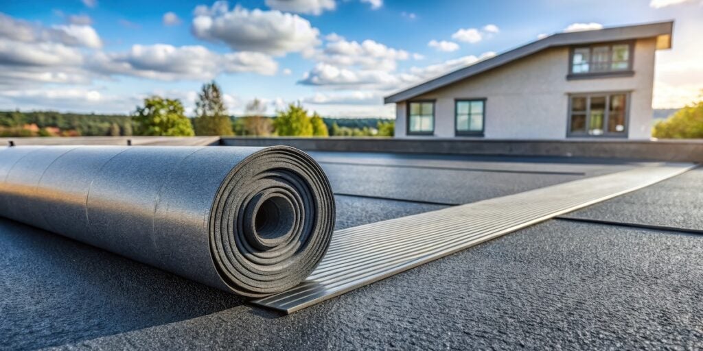 Flexible roll of EPDM rubber material unrolling on a modern commercial roof 