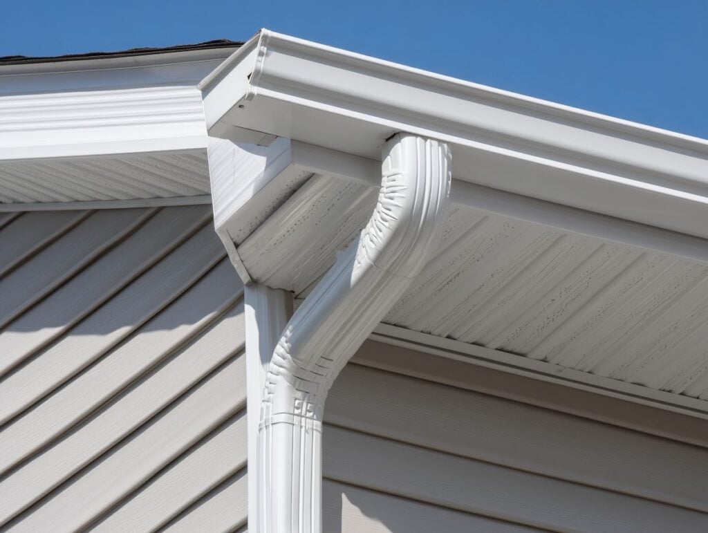 White gutter guard system, fascia, drip edge, soffit, and downspout strap