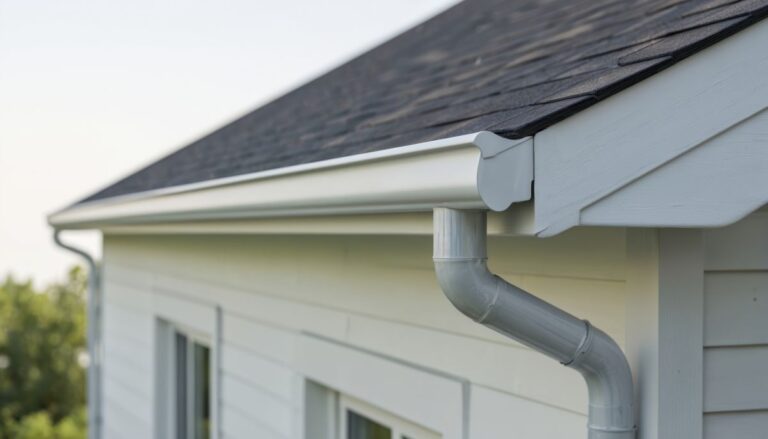 Close-up of seamless aluminum rain gutter on white house with dark roof