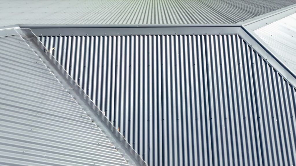 Drone aerial photograph of a grey coated corrugated iron roof