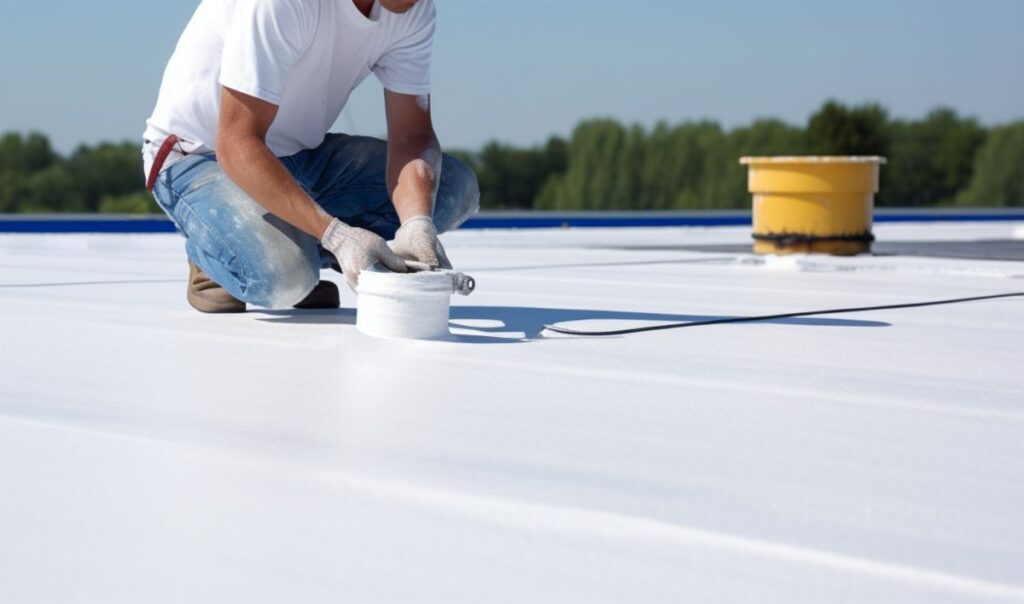 Worker applies an insulation coating on the concrete surface of a rooftop