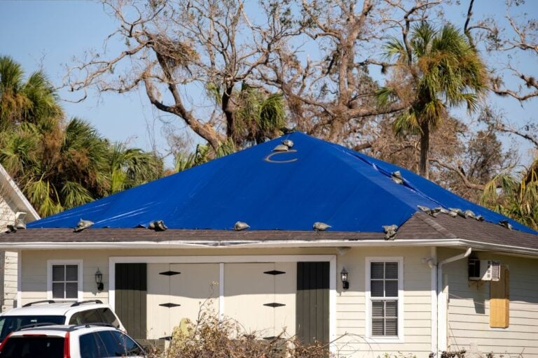 how to tarp a roof front door view beige siding