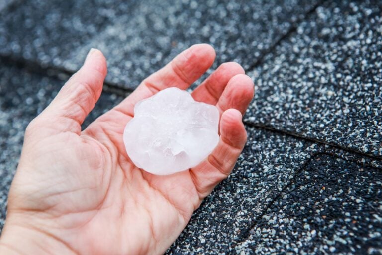 what does hail damage look like on a roof hand holding ice piece