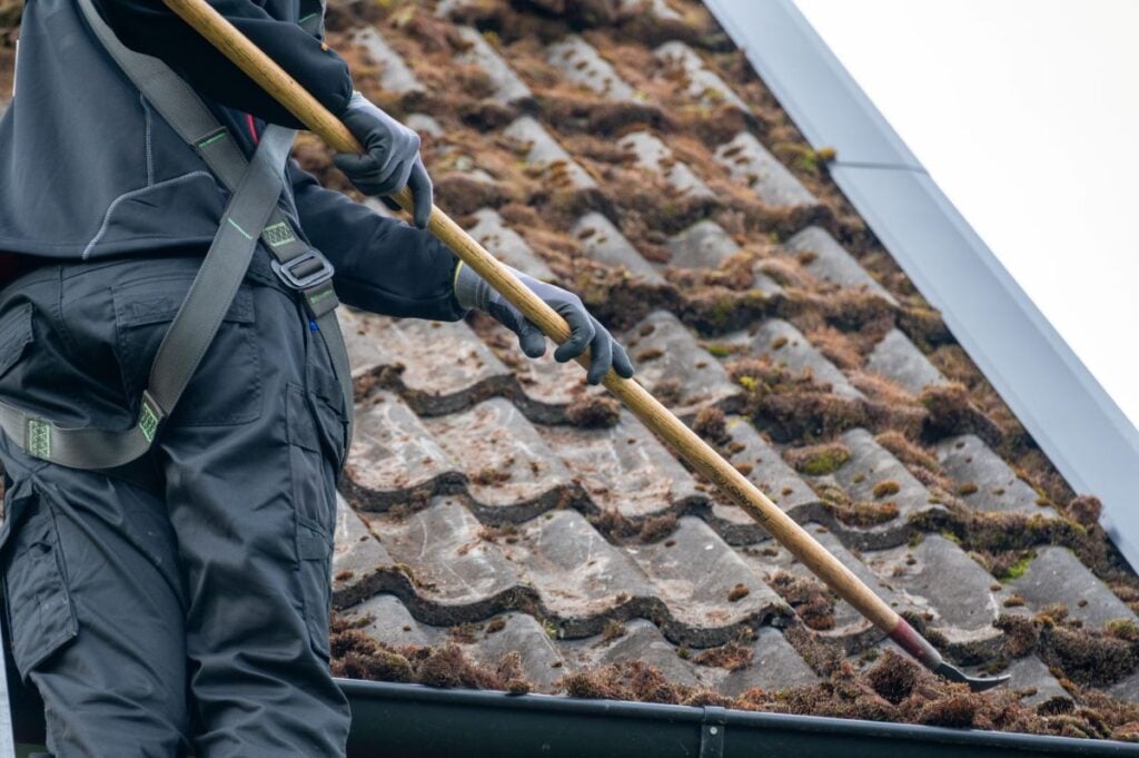 how to remove moss from roof worker using tool to remove moss