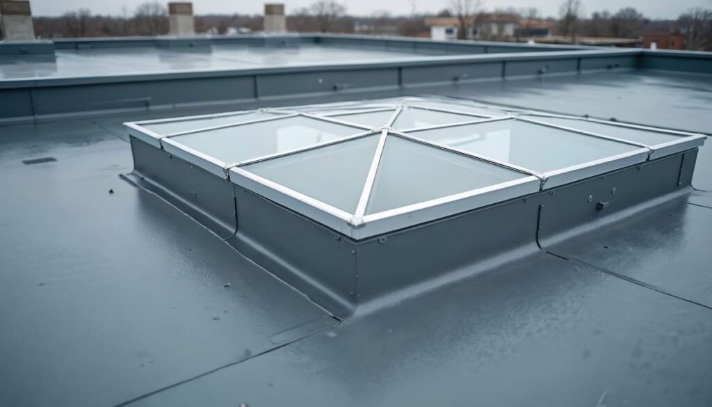 Modern commercial building flat roof structure with glass skylight