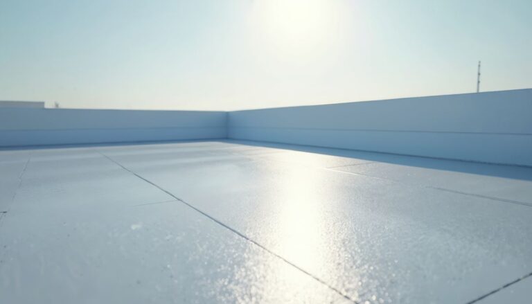 Waterproof coating applied to flat roof surface. Modern building exterior protection from moisture.